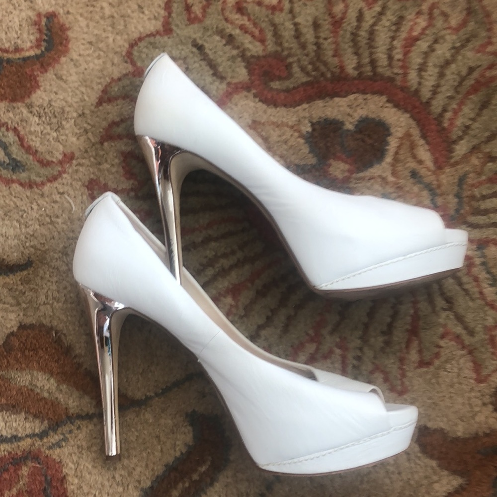 Michael Michael Kors white platform open-toe silver metal heel